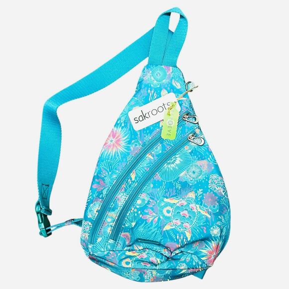 NWT Sakroots On The Go Large Sling Backpack Cross - Teal Blue Sea Turtle Anemone - Picture 1 of 11